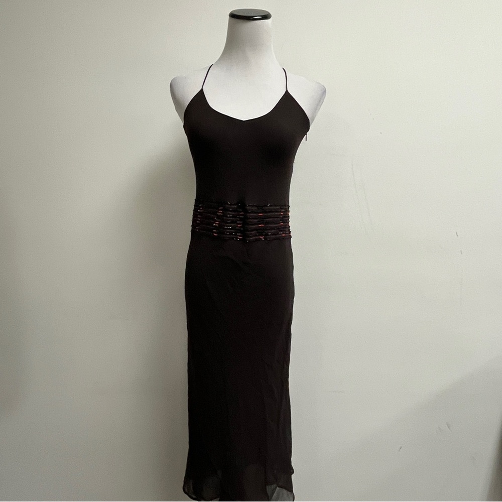 JOSEPH brown 100% silk slip dress sheer lined L beaded